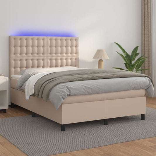 Cama box spring c/colchão/LED 140x190cm couro artif. cappuccino