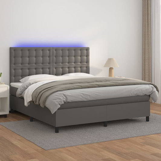 Cama box spring c/ colchão/LED 180x200cm couro artificial cinza