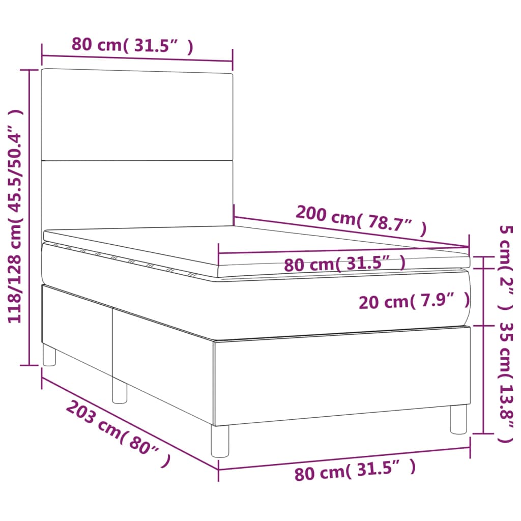 Cama box spring c/ colchão/LED 80x200 cm veludo rosa