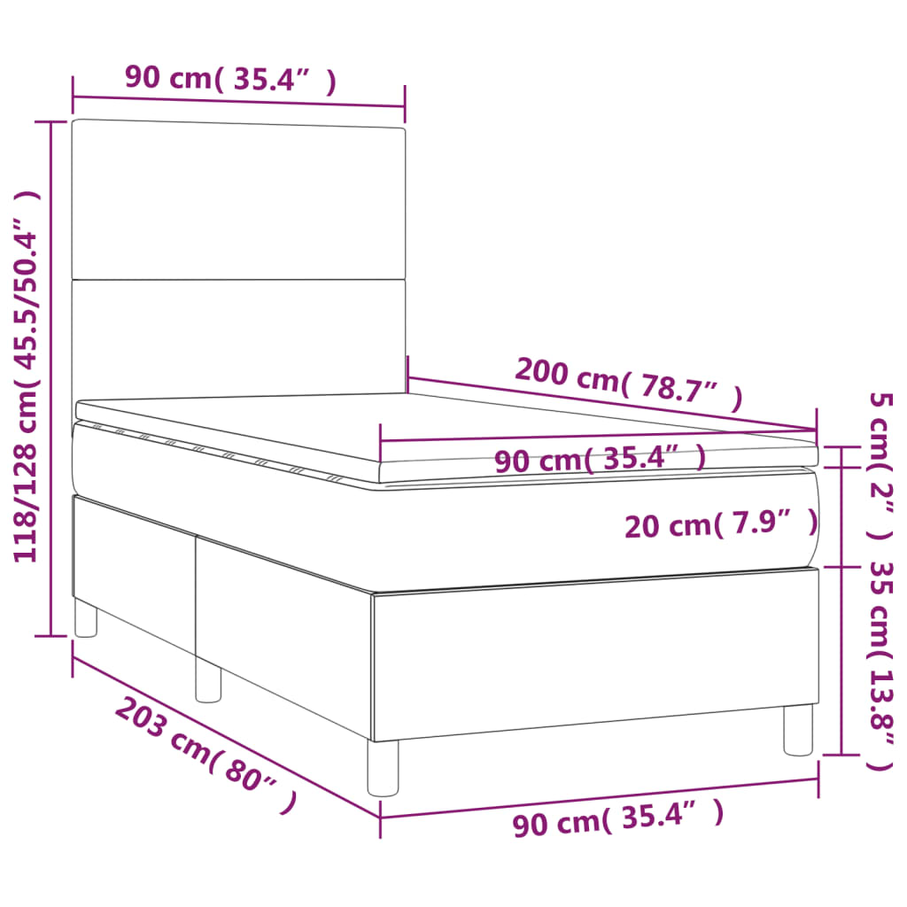 Cama box spring c/ colchão/LED 90x200 cm veludo azul-escuro