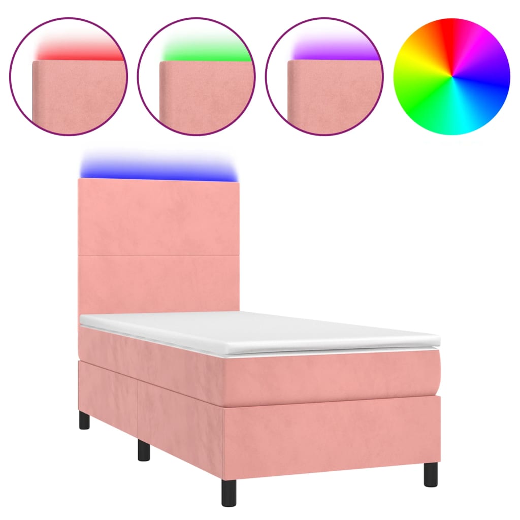 Cama box spring c/ colchão/LED 90x200 cm veludo rosa