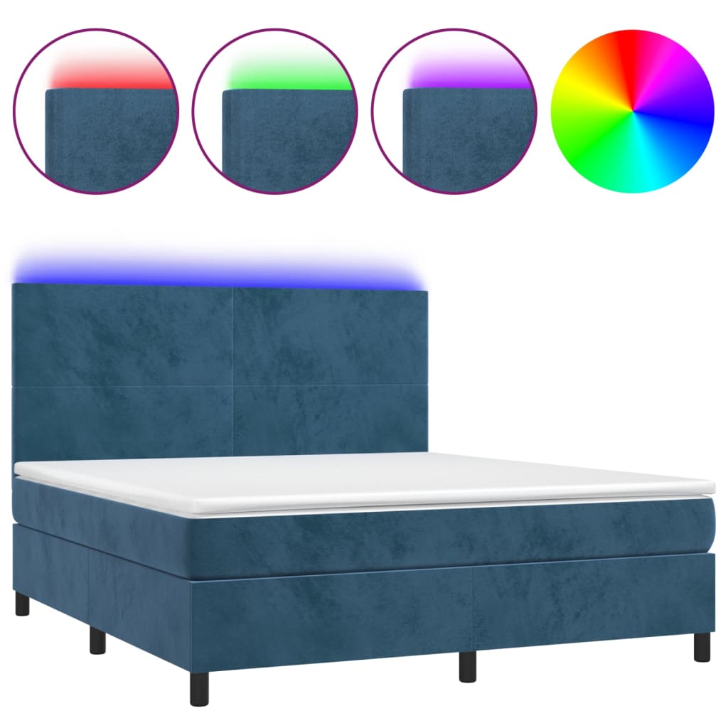 Cama box spring c/ colchão/LED 160x200 cm veludo azul-escuro