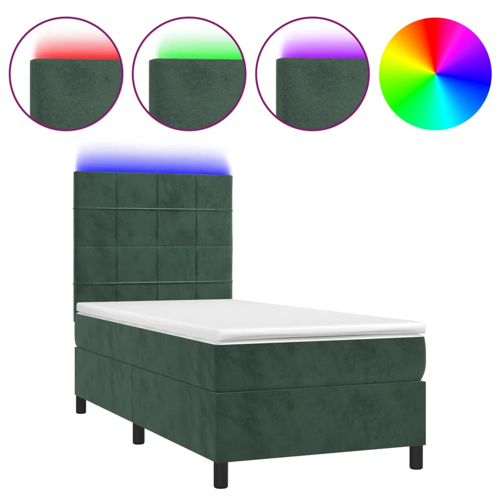 Cama box spring c/ colchão/LED 90x190 cm veludo verde-escuro