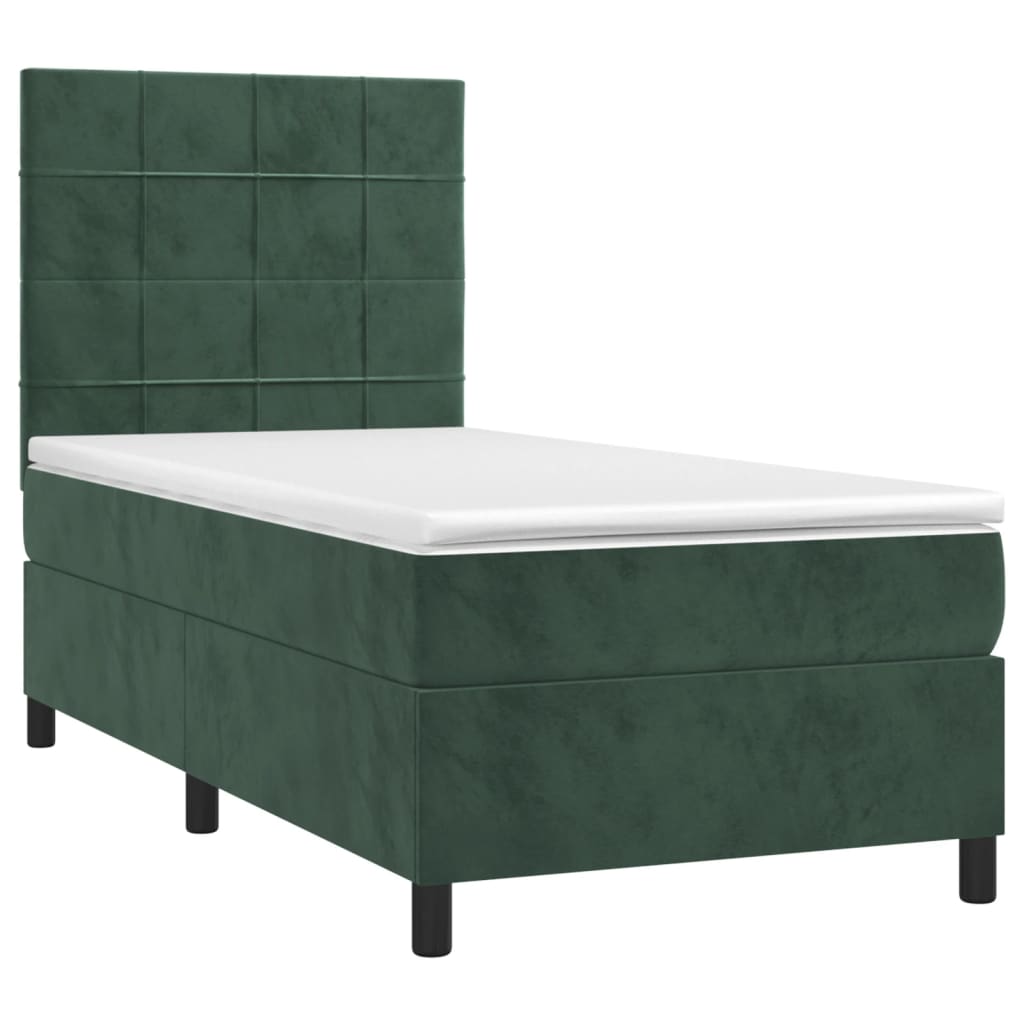 Cama box spring c/ colchão/LED 90x190 cm veludo verde-escuro