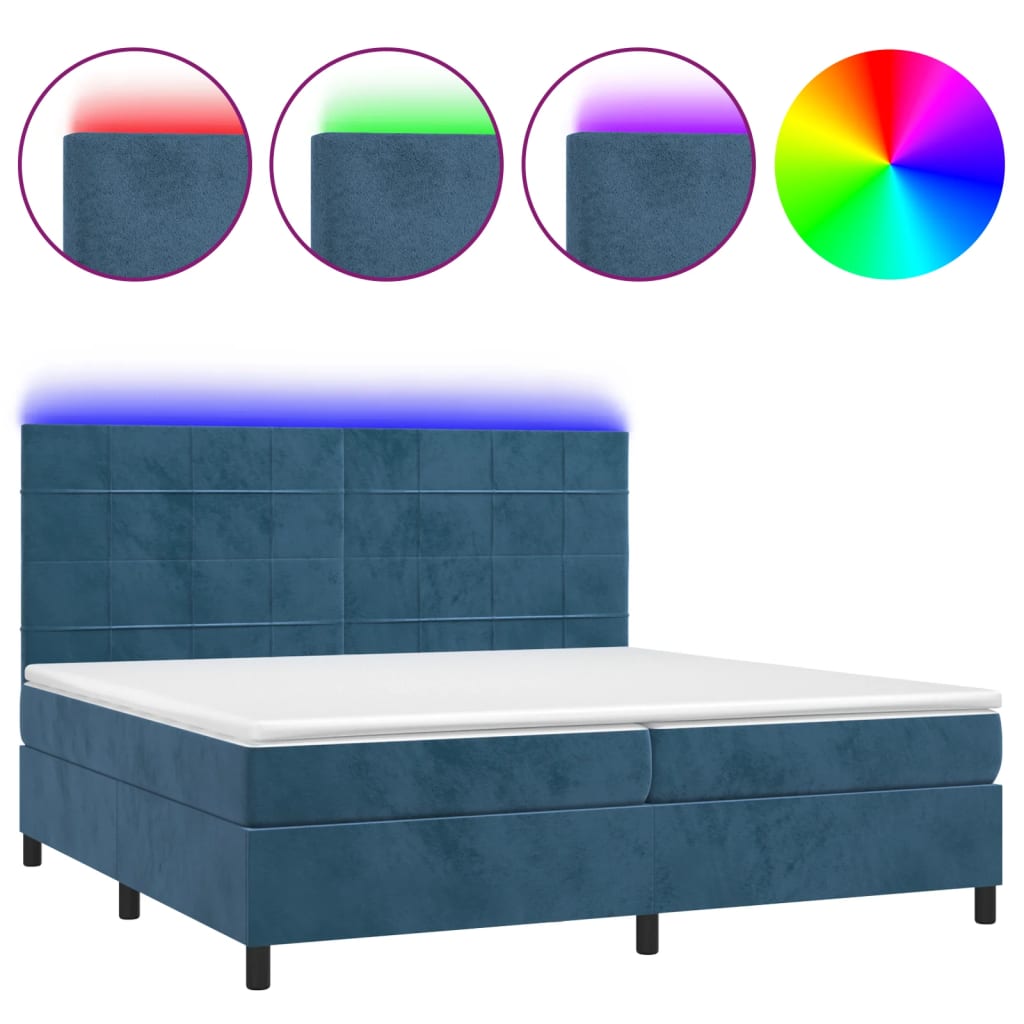 Cama box spring c/ colchão/LED 200x200 cm veludo azul-escuro