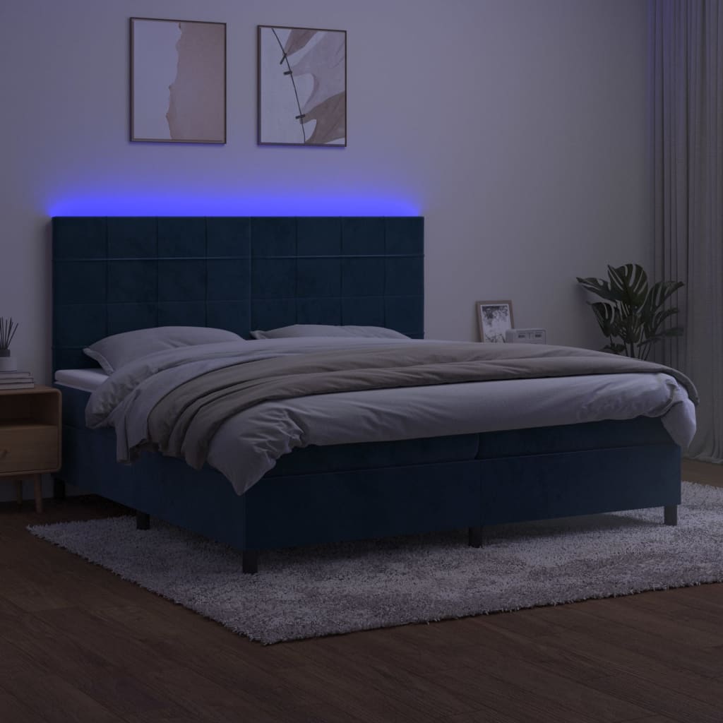 Cama box spring c/ colchão/LED 200x200 cm veludo azul-escuro