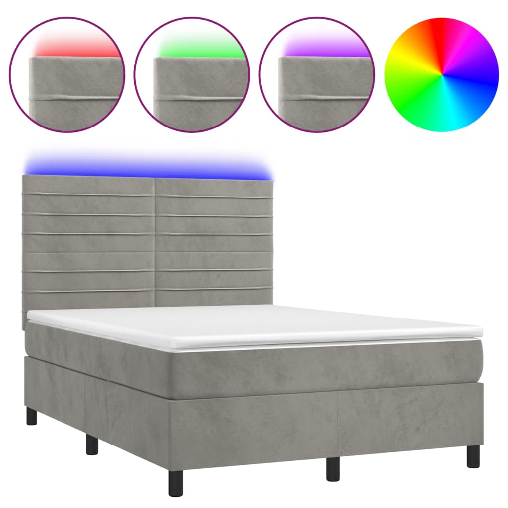 Cama box spring c/ colchão/LED 140x190 cm veludo cinzento