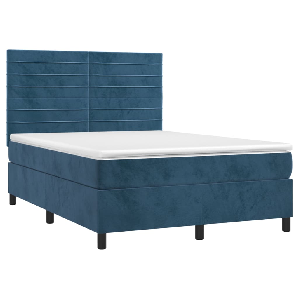 Cama box spring c/ colchão/LED 140x190 cm veludo azul-escuro