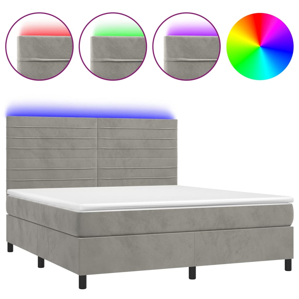 Cama box spring c/ colchão/LED 160x200 cm veludo cinzento-claro