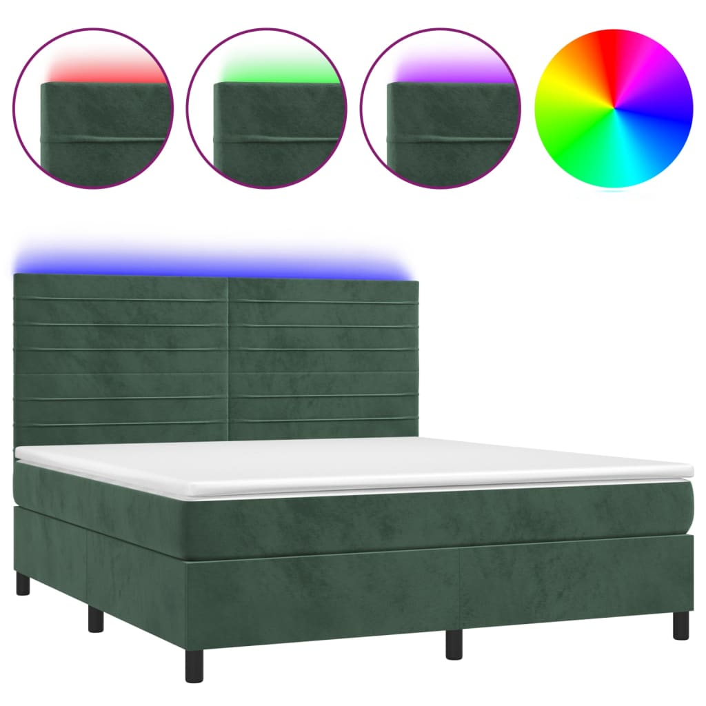 Cama box spring c/ colchão/LED 160x200 cm veludo verde-escuro