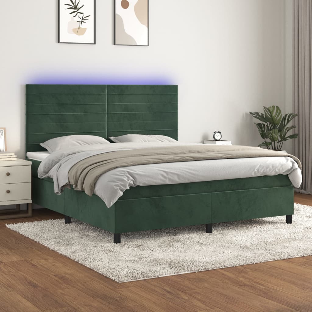 Cama box spring c/ colchão/LED 160x200 cm veludo verde-escuro