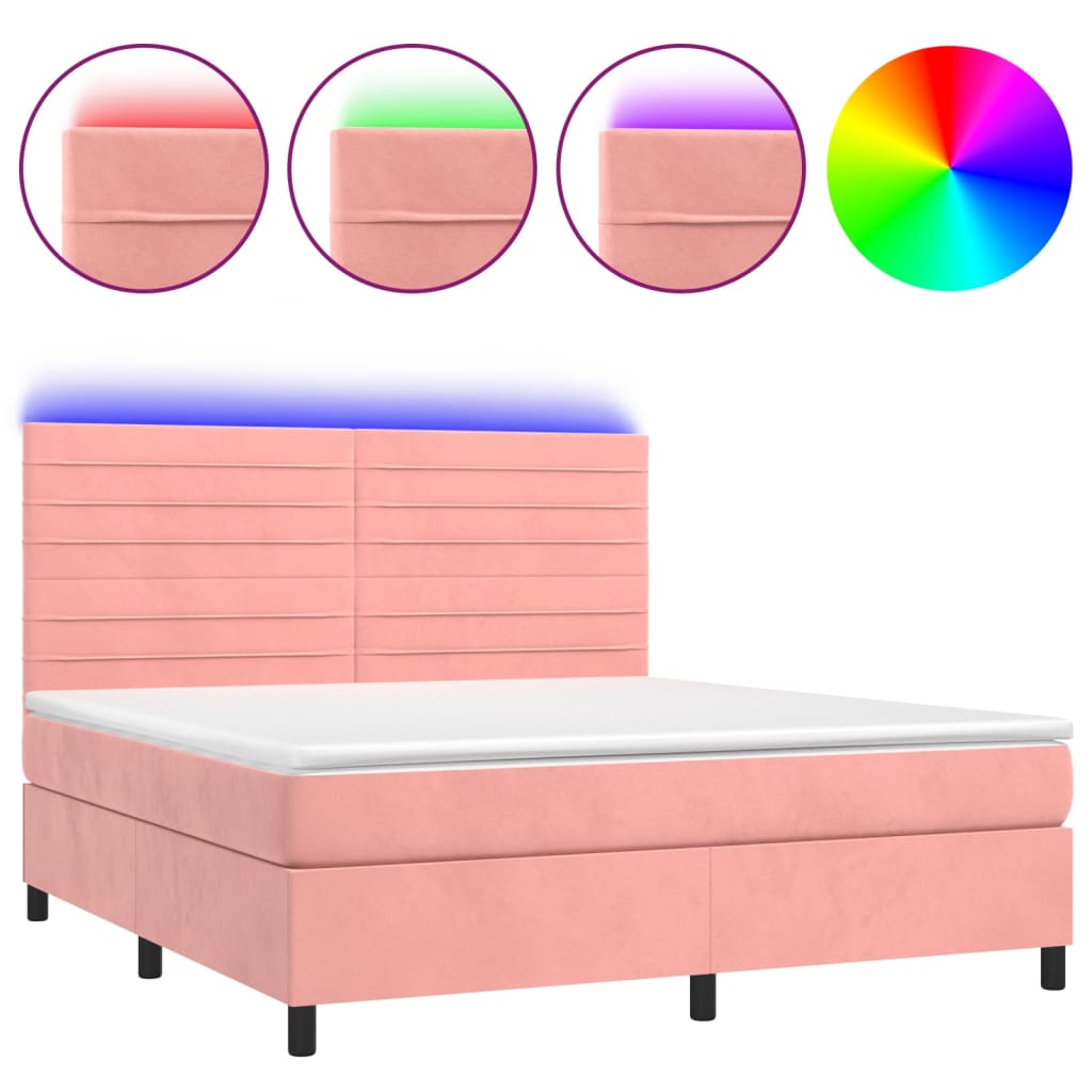 Cama box spring c/ colchão/LED 160x200 cm veludo rosa