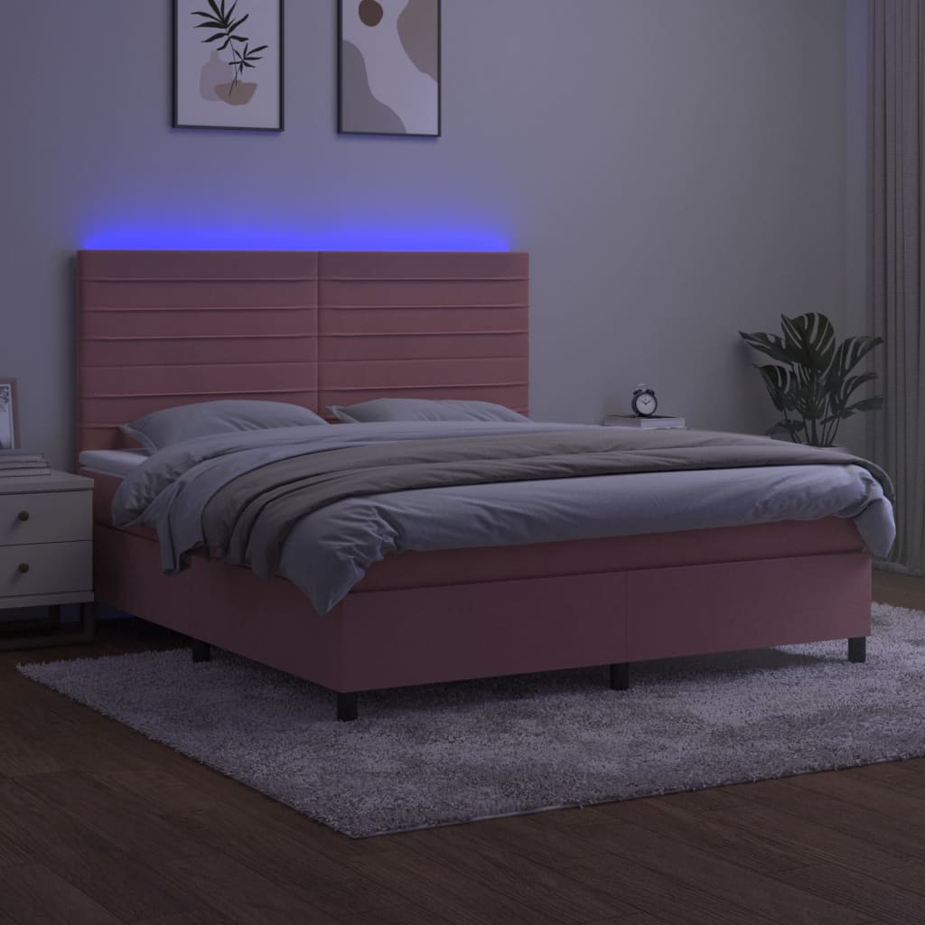 Cama box spring c/ colchão/LED 160x200 cm veludo rosa