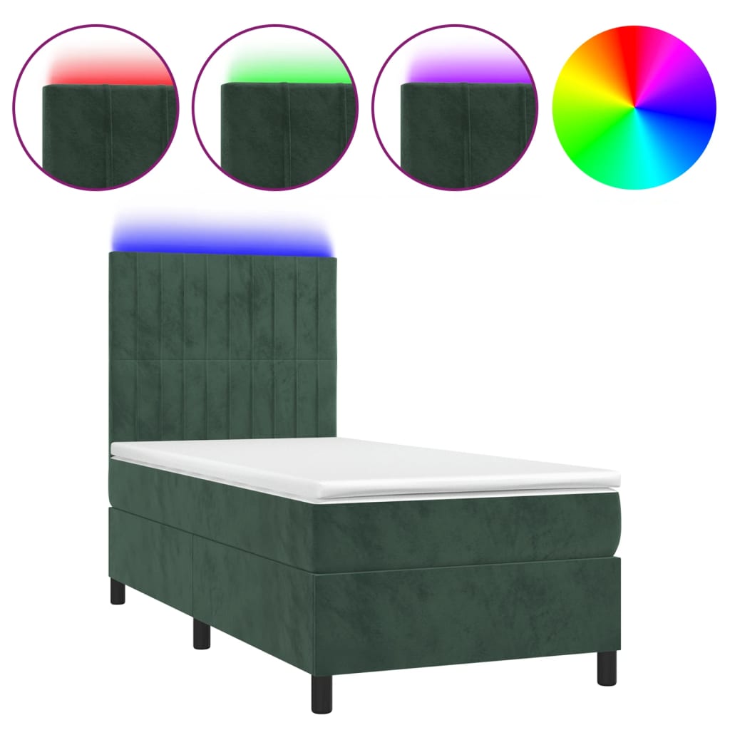 Cama box spring c/ colchão/LED 90x200 cm veludo verde-escuro