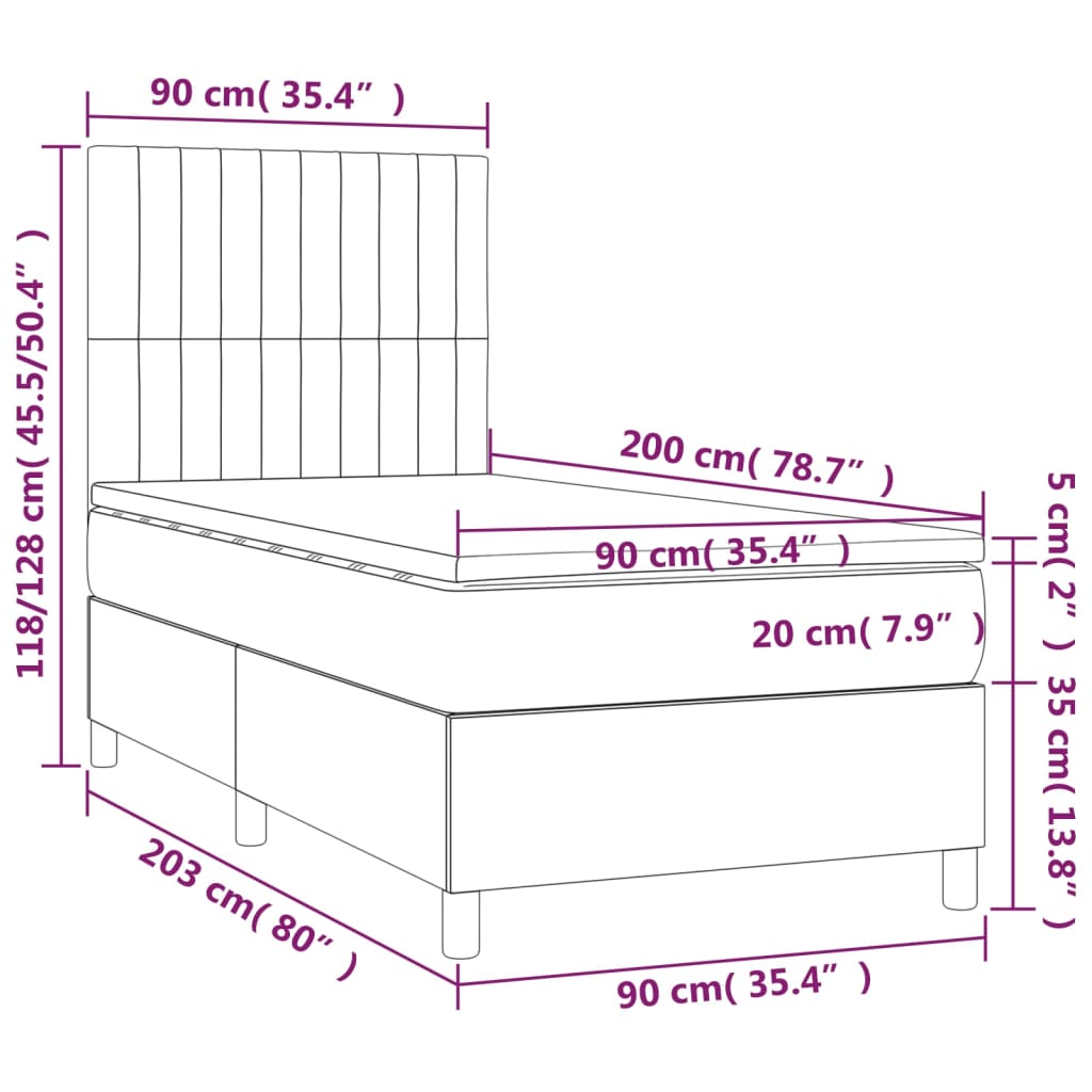 Cama box spring c/ colchão/LED 90x200 cm veludo azul-escuro