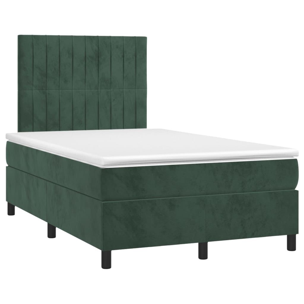 Cama box spring c/ colchão/LED 120x200 cm veludo verde-escuro