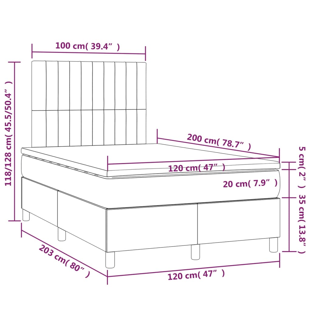 Cama box spring c/ colchão/LED 120x200 cm veludo verde-escuro