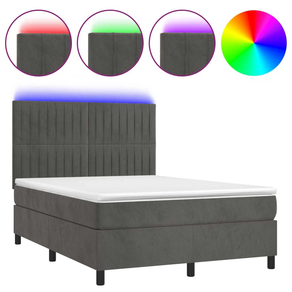 Cama box spring c/ colchão/LED 140x190cm veludo cinzento-escuro