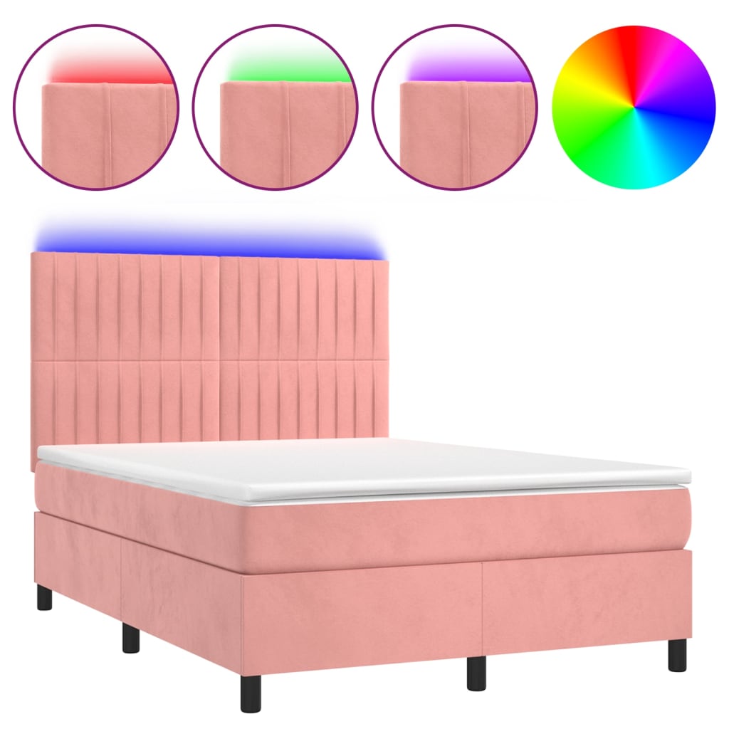 Cama box spring c/ colchão/LED 140x190 cm veludo rosa