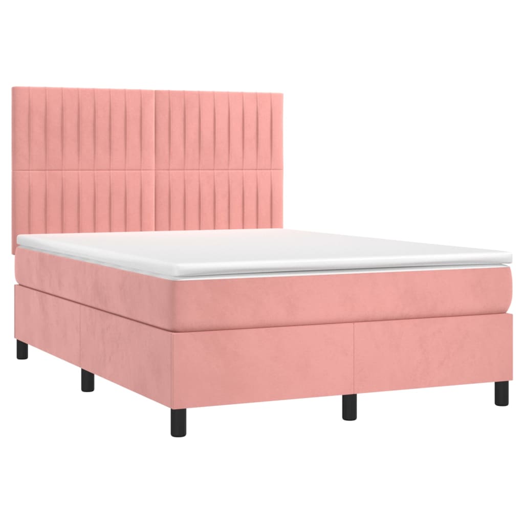 Cama box spring c/ colchão/LED 140x190 cm veludo rosa