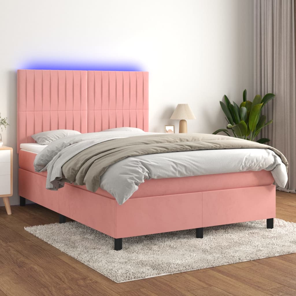 Cama box spring c/ colchão/LED 140x190 cm veludo rosa