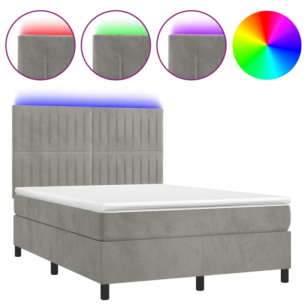 Cama box spring c/ colchão/LED 140x200 cm veludo cinzento-claro