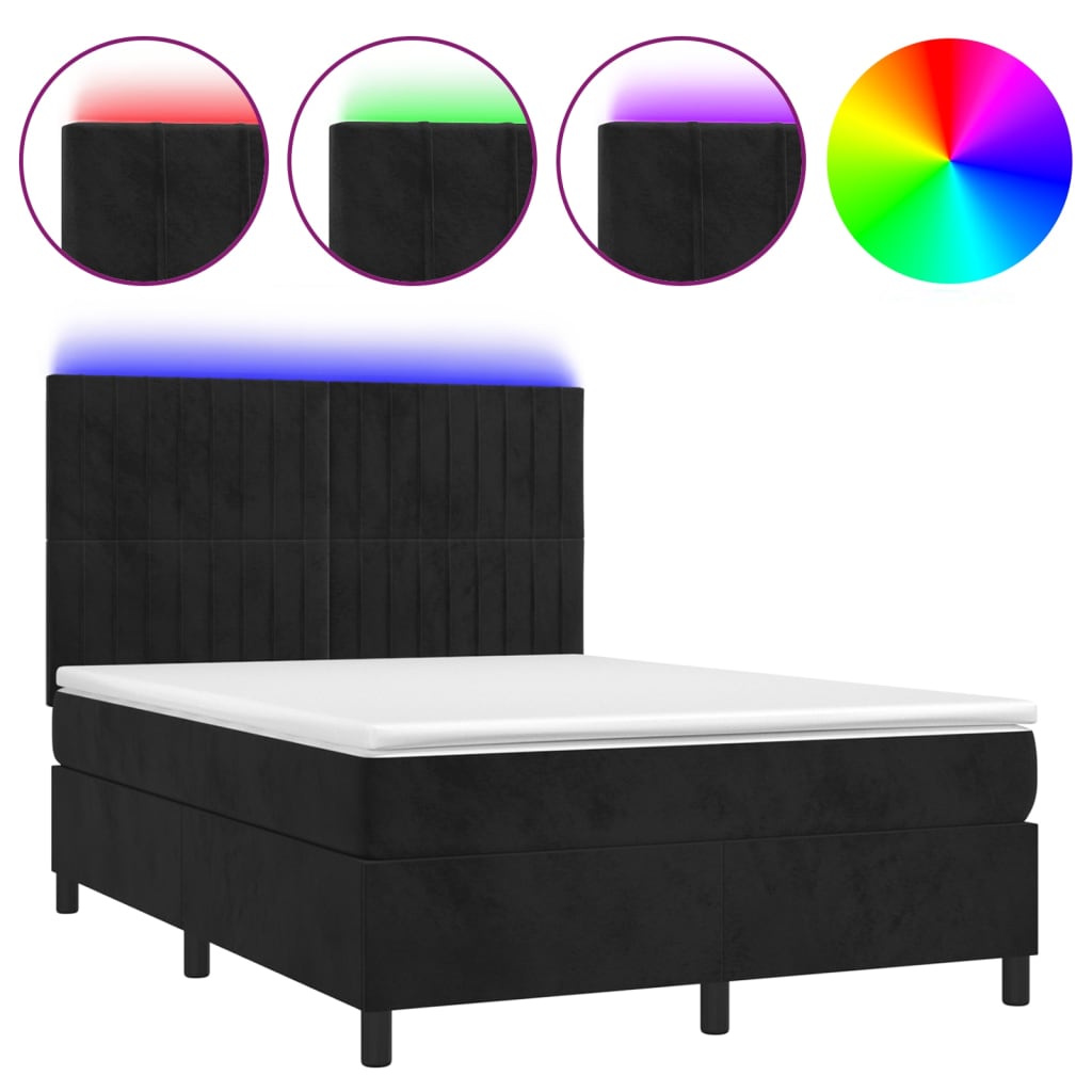 Cama box spring c/ colchão/LED 140x200 cm veludo preto