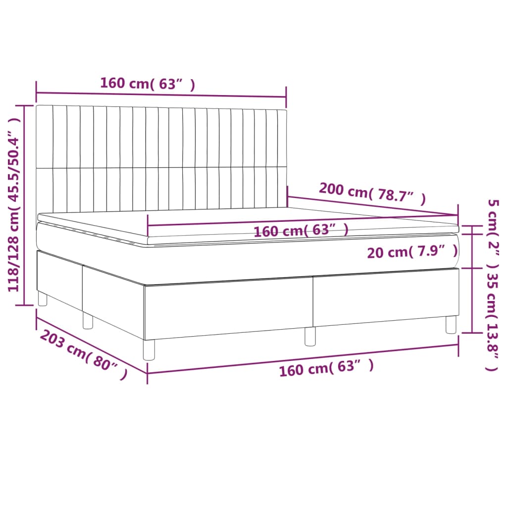 Cama box spring c/ colchão/LED 160x200 cm veludo preto