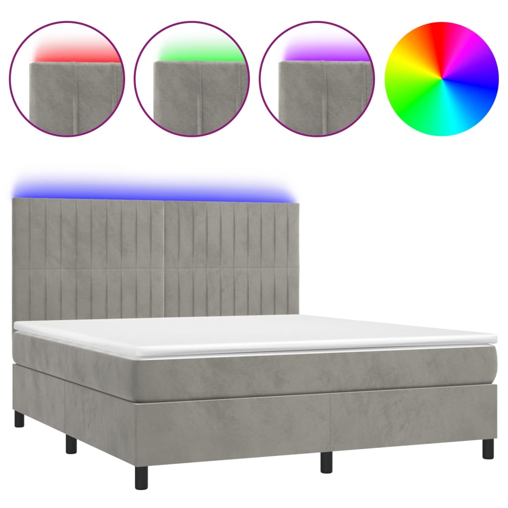 Cama box spring c/ colchão/LED 180x200 cm veludo cinzento-claro