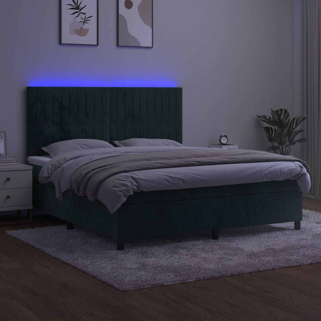 Cama box spring c/ colchão/LED 180x200 cm veludo verde-escuro