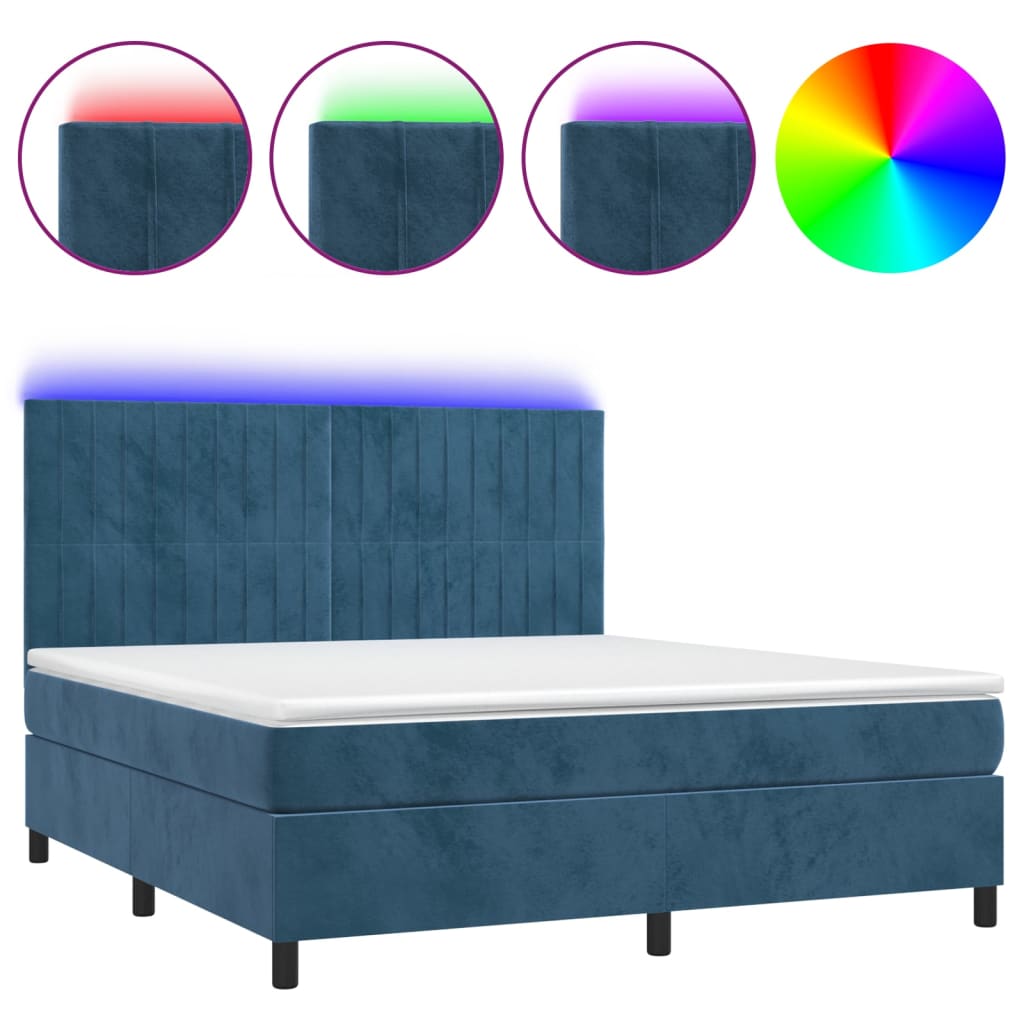 Cama box spring c/ colchão/LED 180x200 cm veludo azul-escuro