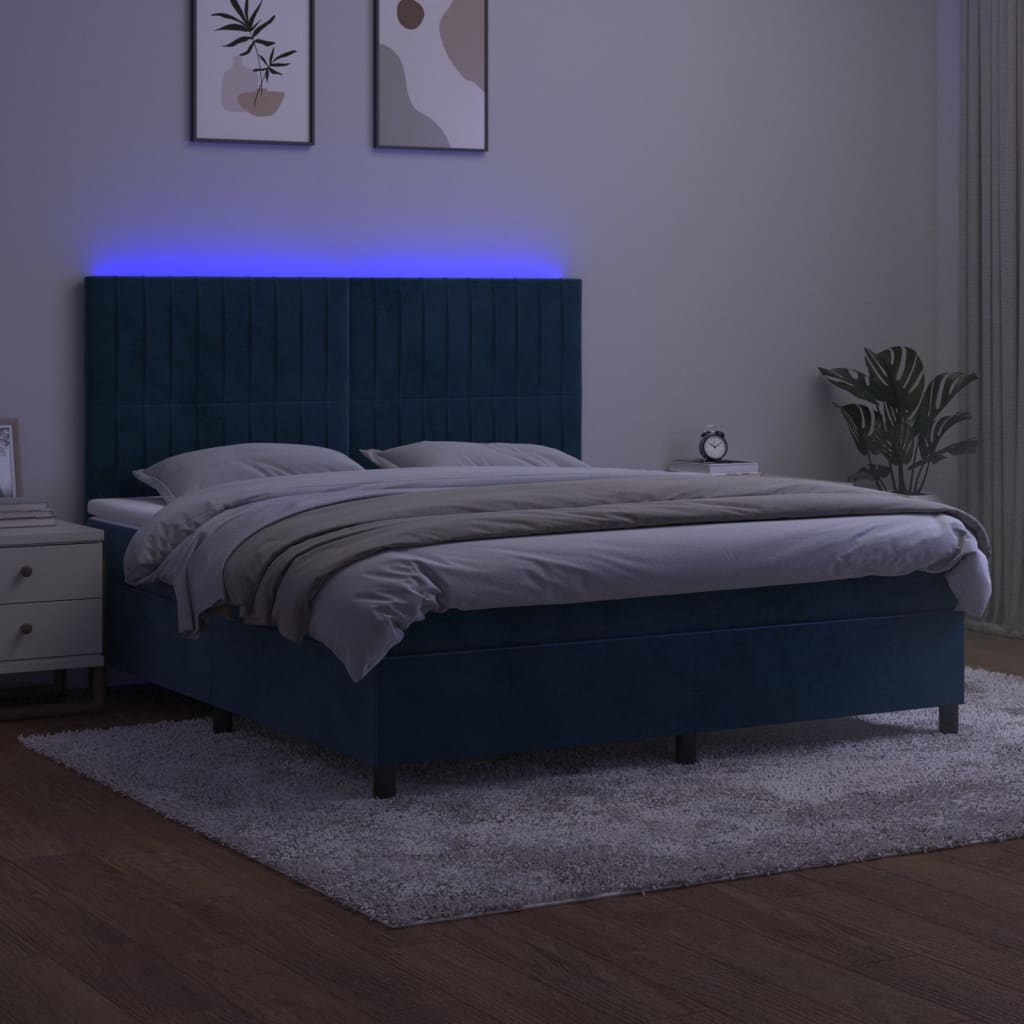 Cama box spring c/ colchão/LED 180x200 cm veludo azul-escuro