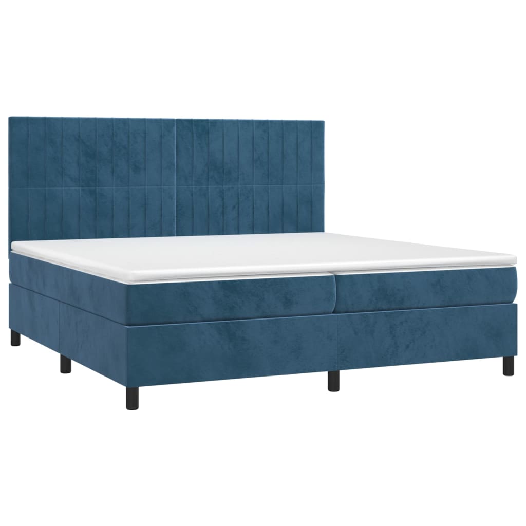 Cama box spring c/ colchão/LED 200x200 cm veludo azul-escuro