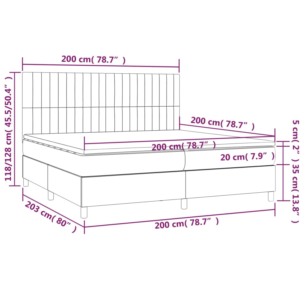 Cama box spring c/ colchão/LED 200x200 cm veludo azul-escuro