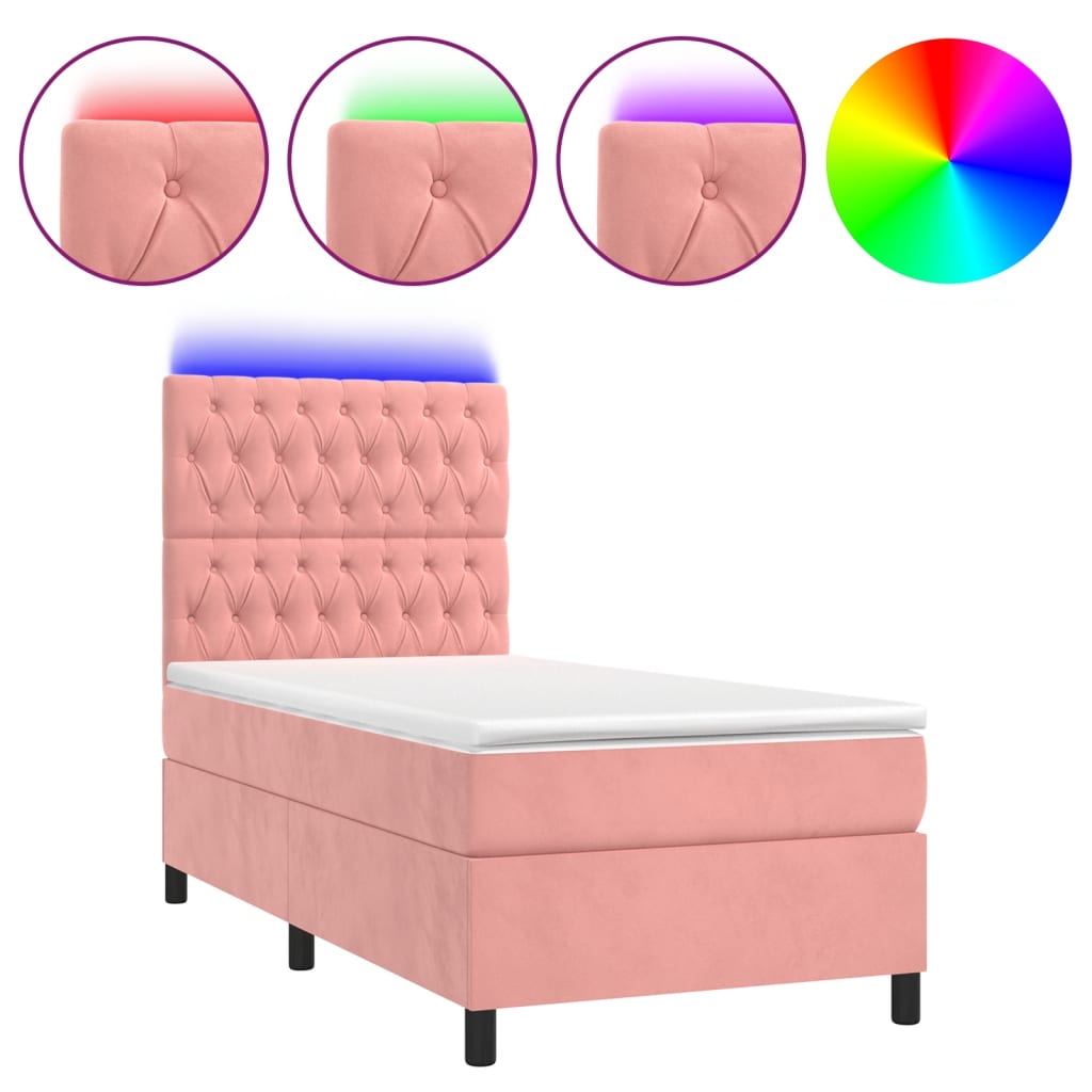 Cama box spring c/ colchão/LED 80x200 cm veludo rosa