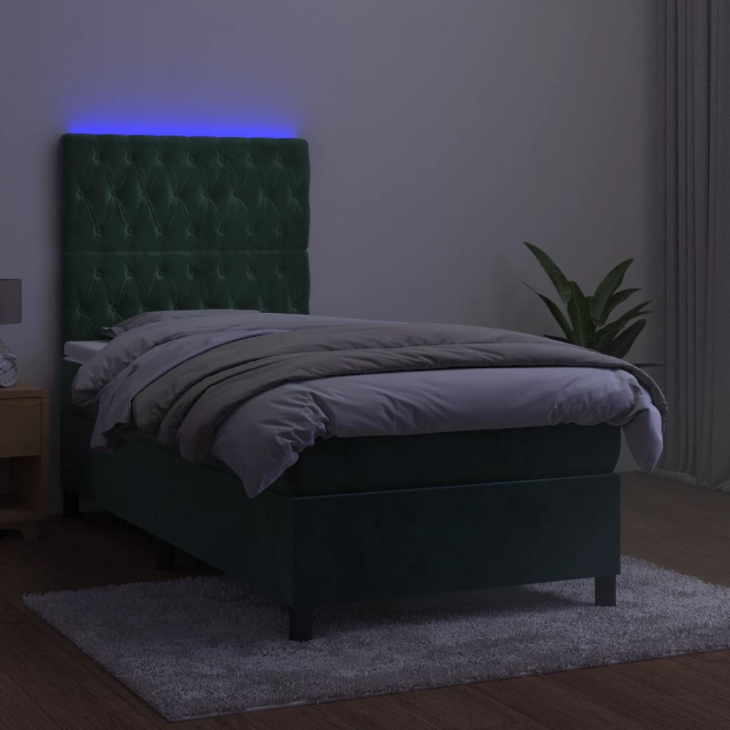 Cama box spring c/ colchão/LED 90x190 cm veludo verde-escuro