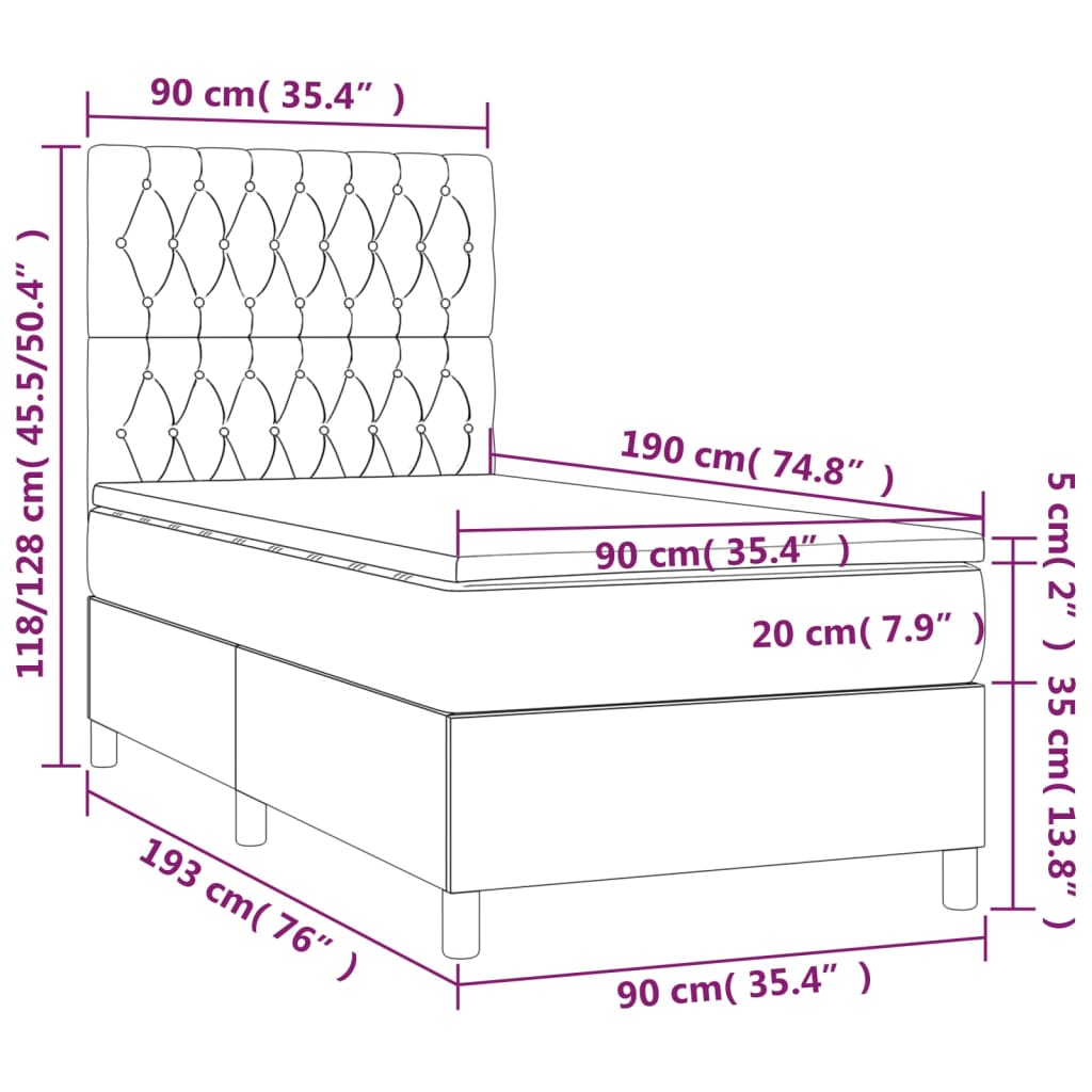 Cama box spring c/ colchão/LED 90x190 cm veludo verde-escuro