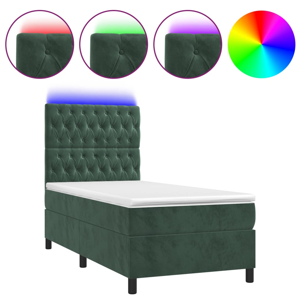 Cama box spring c/ colchão/LED 90x200 cm veludo verde-escuro