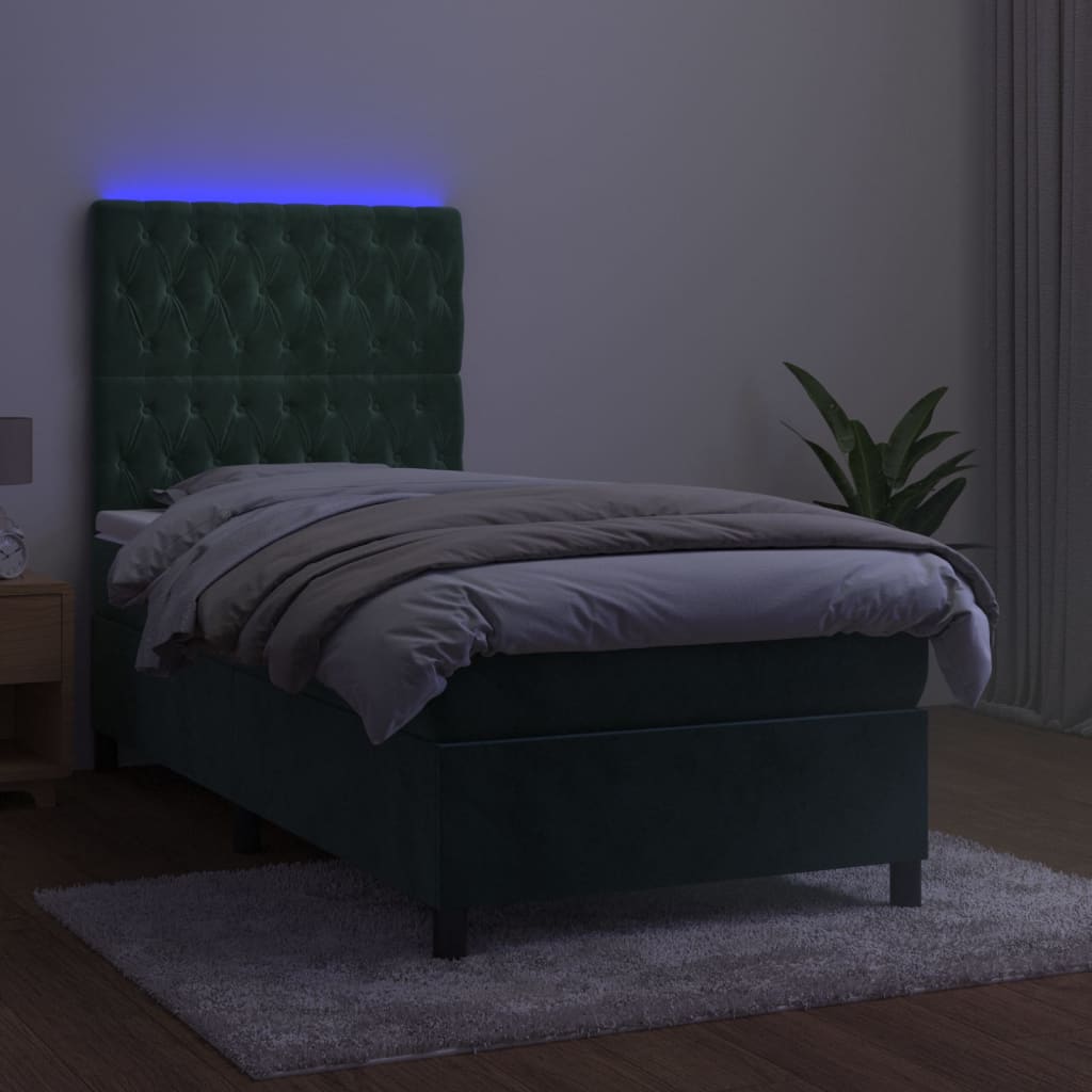 Cama box spring c/ colchão/LED 100x200 cm veludo verde-escuro