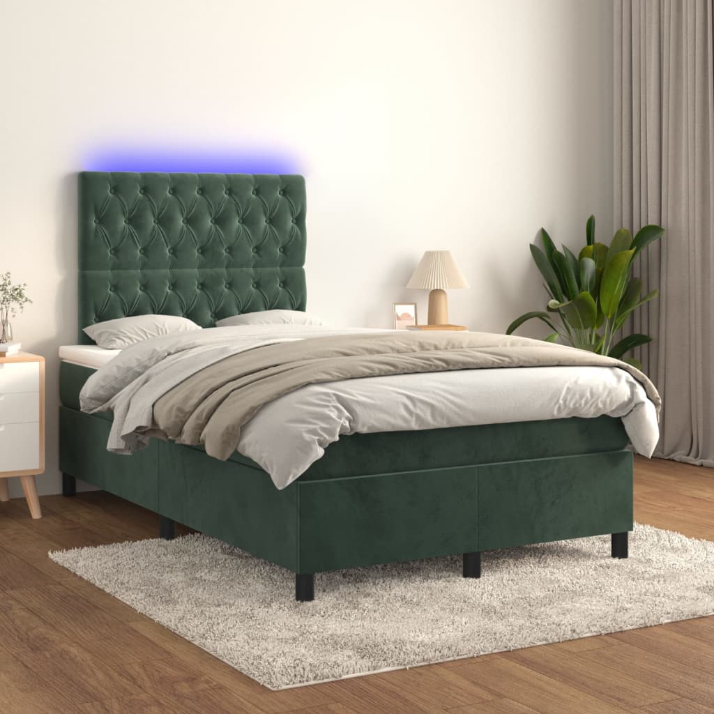 Cama box spring c/ colchão/LED 120x200 cm veludo verde-escuro