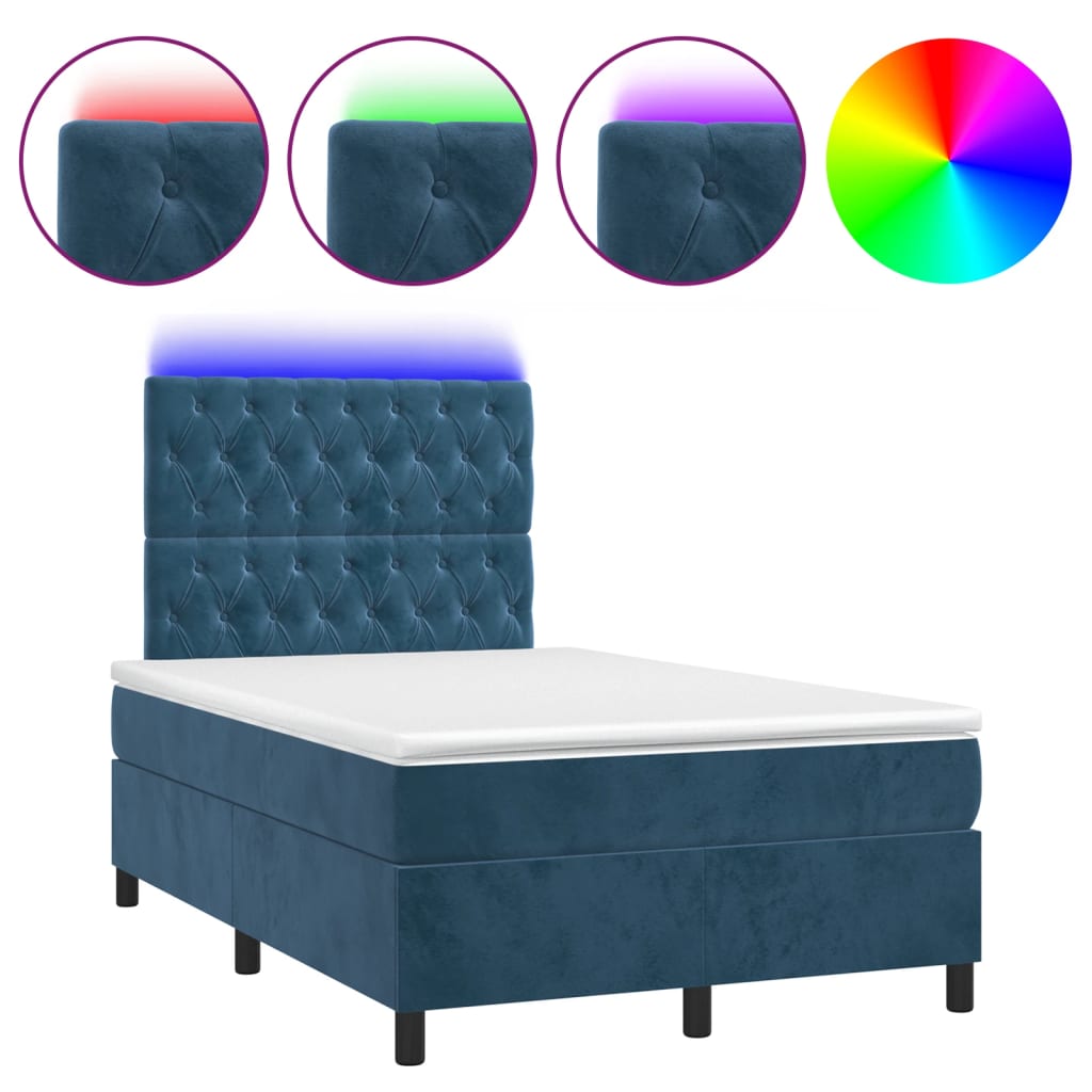 Cama box spring c/ colchão/LED 120x200 cm veludo azul-escuro