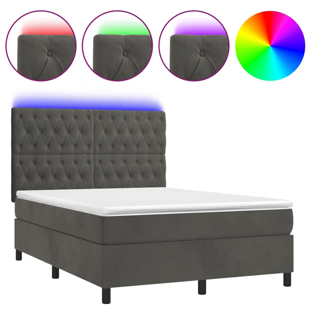 Cama box spring c/ colchão/LED 140x190cm veludo cinzento-escuro