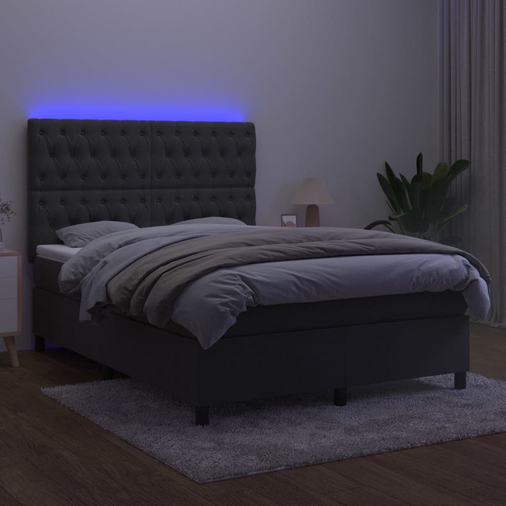 Cama box spring c/ colchão/LED 140x190cm veludo cinzento-escuro