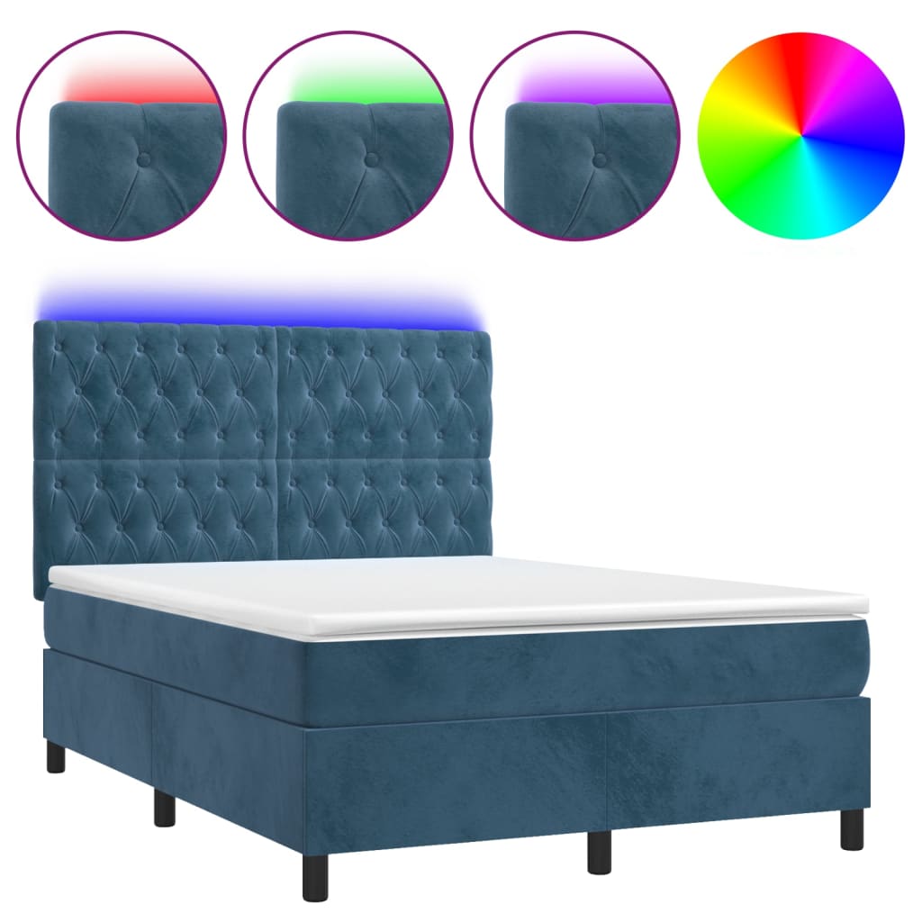 Cama box spring c/ colchão/LED 140x190 cm veludo azul-escuro