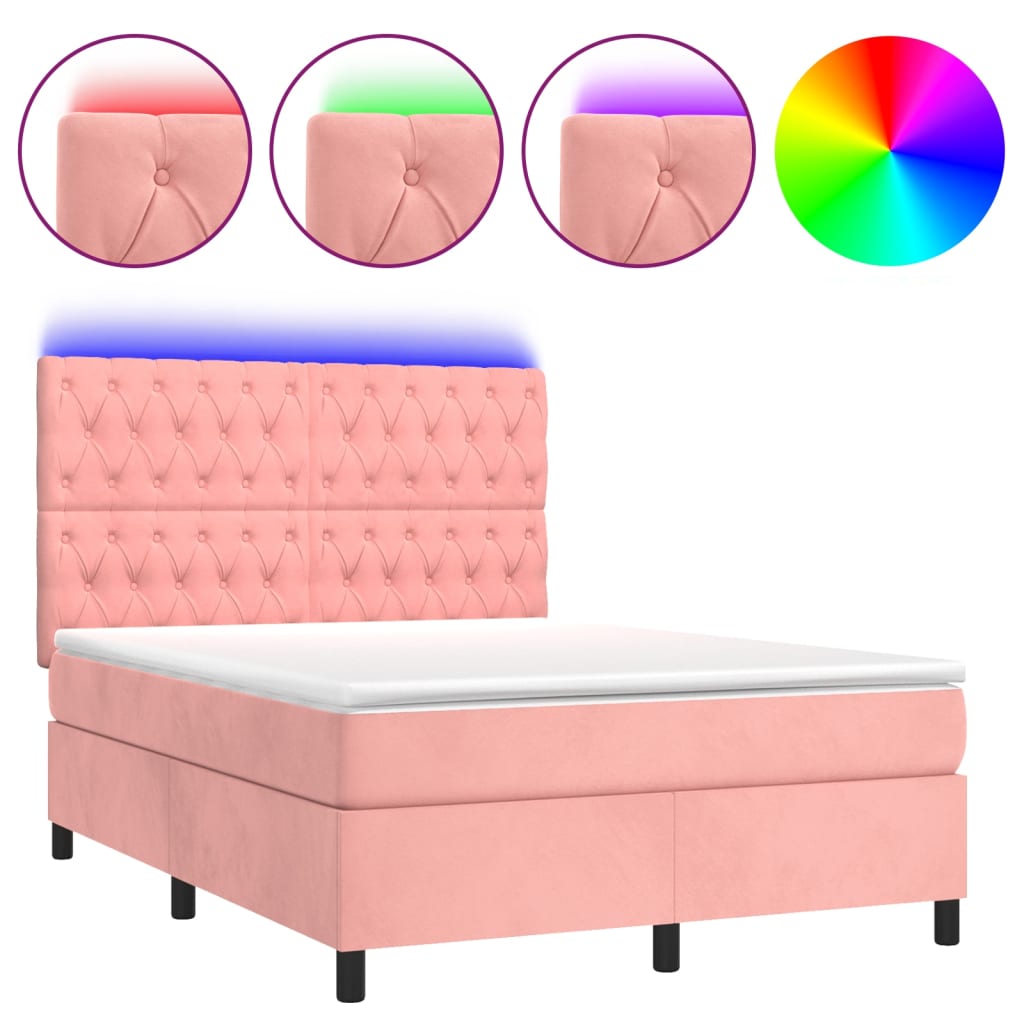 Cama box spring c/ colchão/LED 140x190 cm veludo rosa