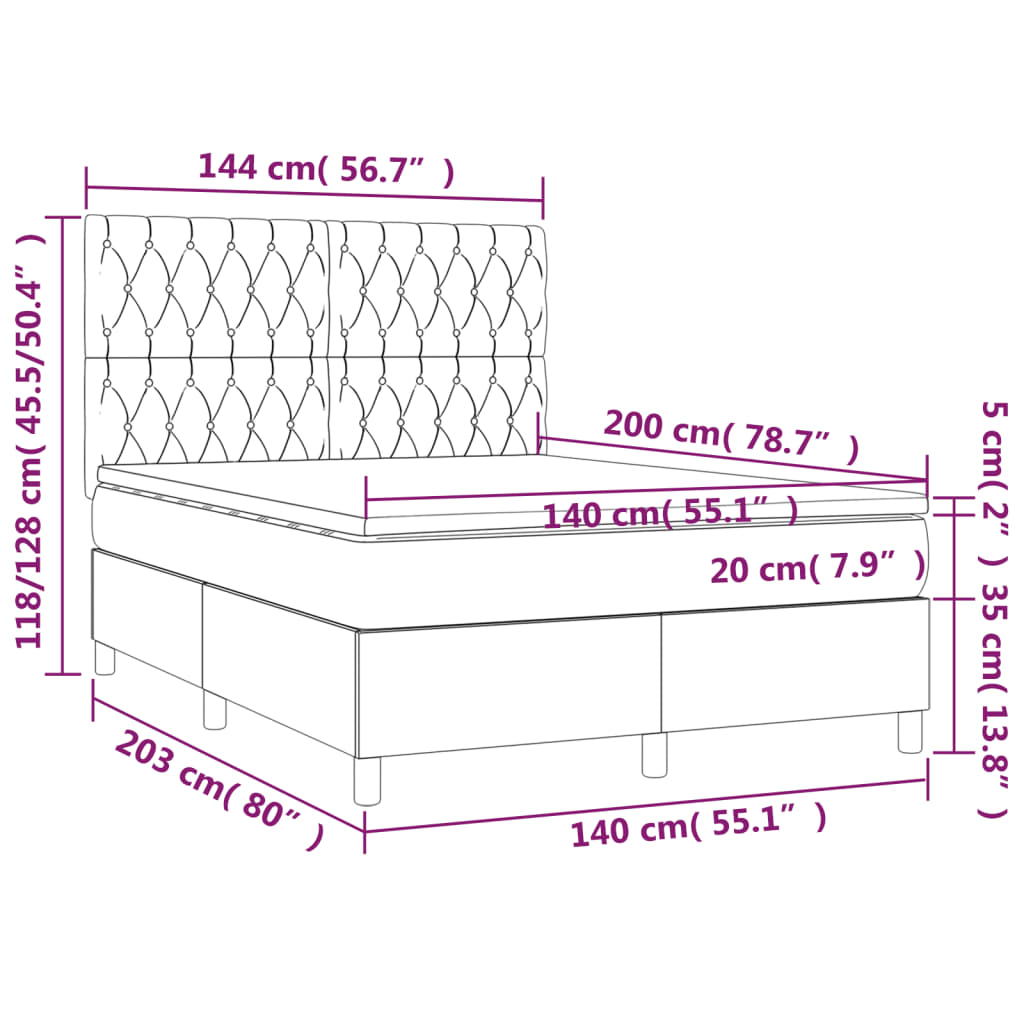 Cama box spring c/ colchão/LED 140x200cm veludo cinzento-escuro