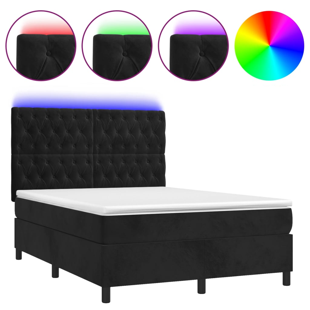 Cama box spring c/ colchão/LED 140x200 cm veludo preto