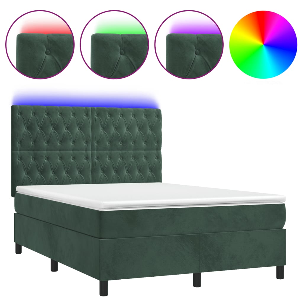 Cama box spring c/ colchão/LED 140x200 cm veludo verde-escuro