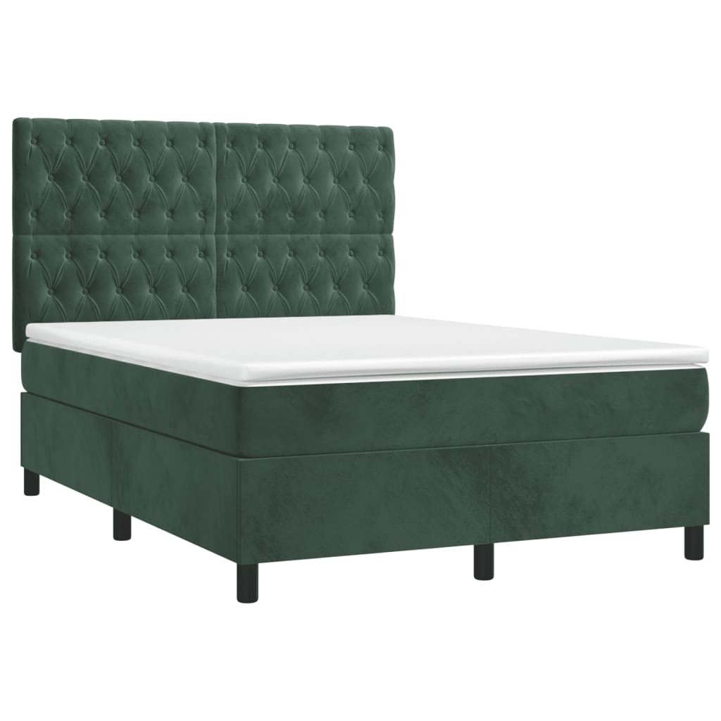 Cama box spring c/ colchão/LED 140x200 cm veludo verde-escuro