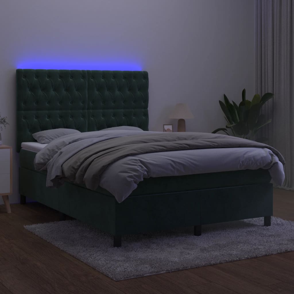 Cama box spring c/ colchão/LED 140x200 cm veludo verde-escuro